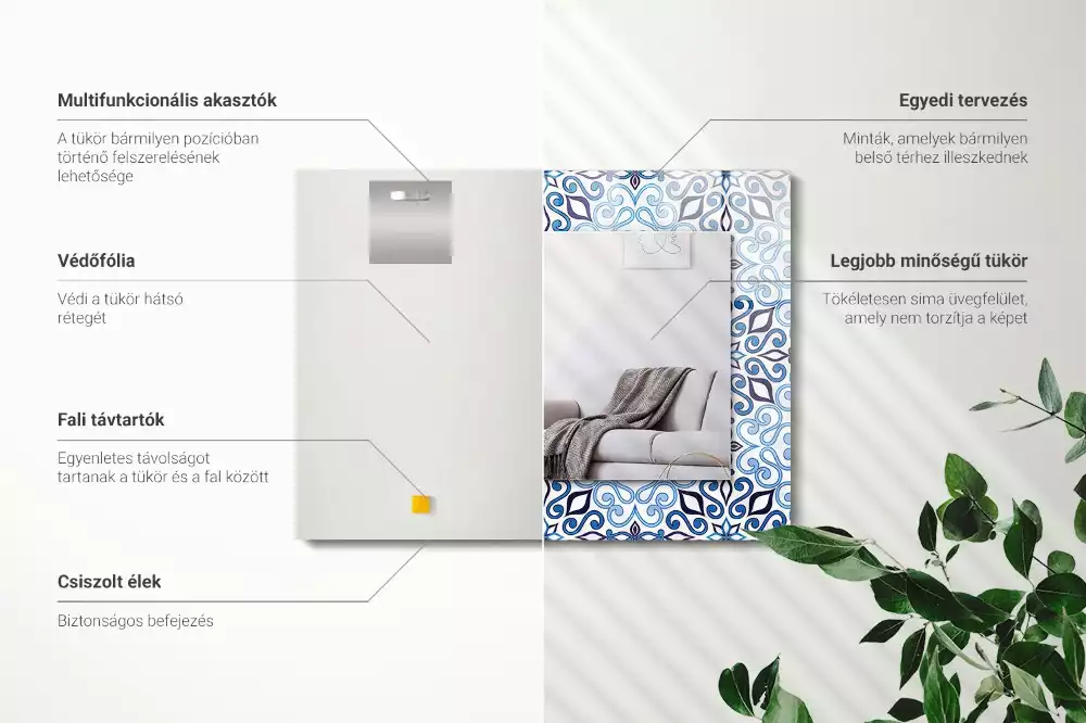 Oglindă dreptunghiulară de perete cu model ornamental albastru