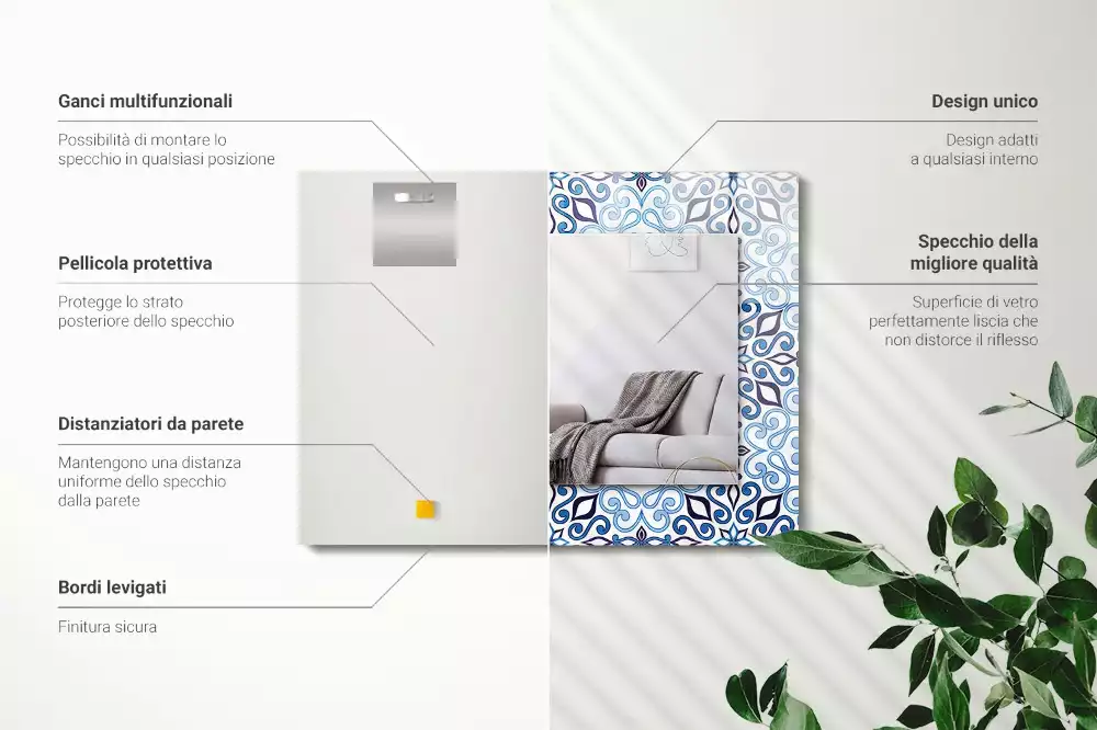 Oglindă dreptunghiulară de perete cu model ornamental albastru