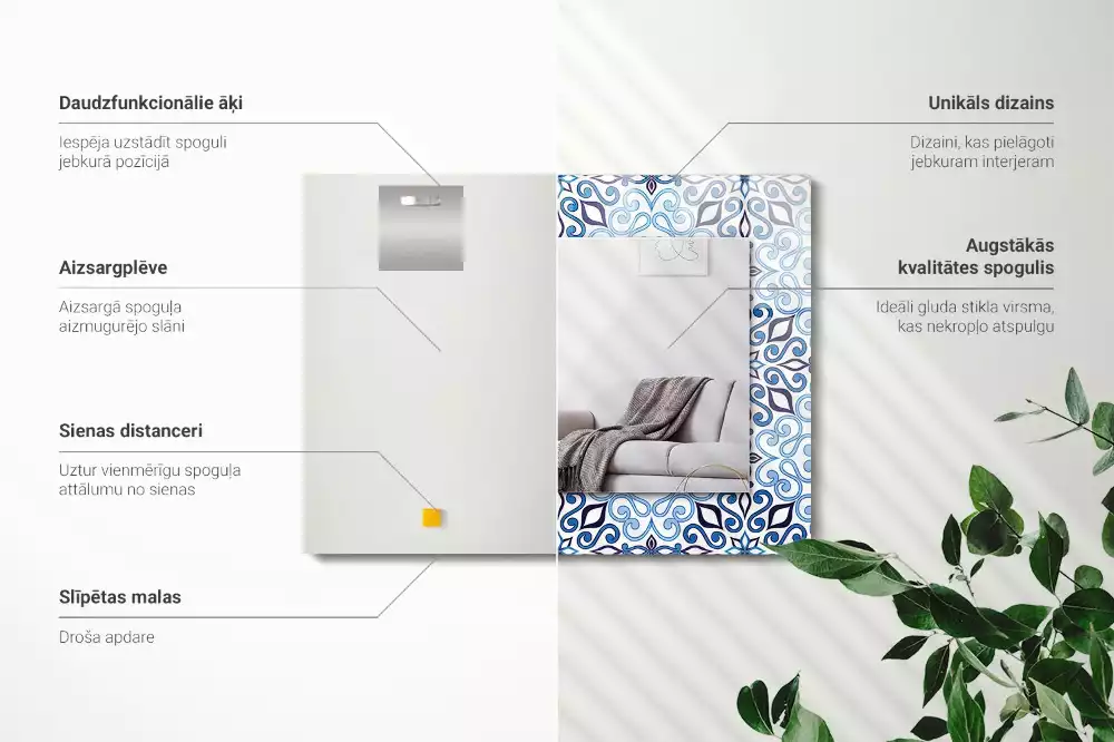 Oglindă dreptunghiulară de perete cu model ornamental albastru