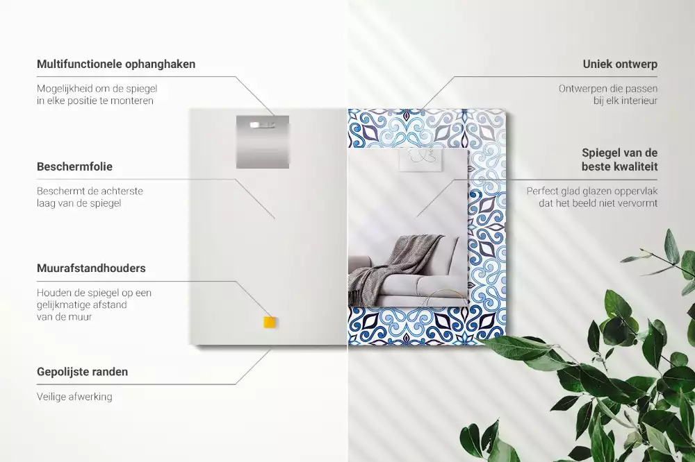 Oglindă dreptunghiulară de perete cu model ornamental albastru