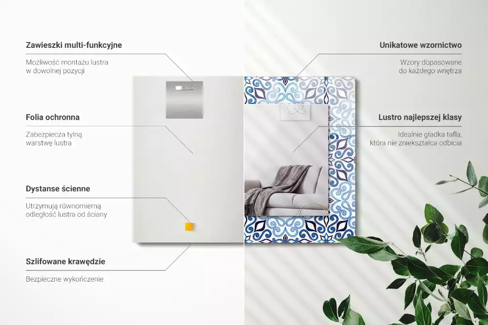 Oglindă dreptunghiulară de perete cu model ornamental albastru