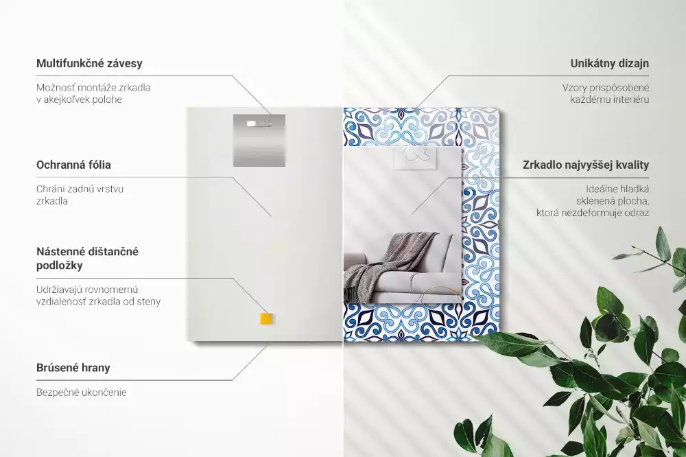 Oglindă dreptunghiulară de perete cu model ornamental albastru