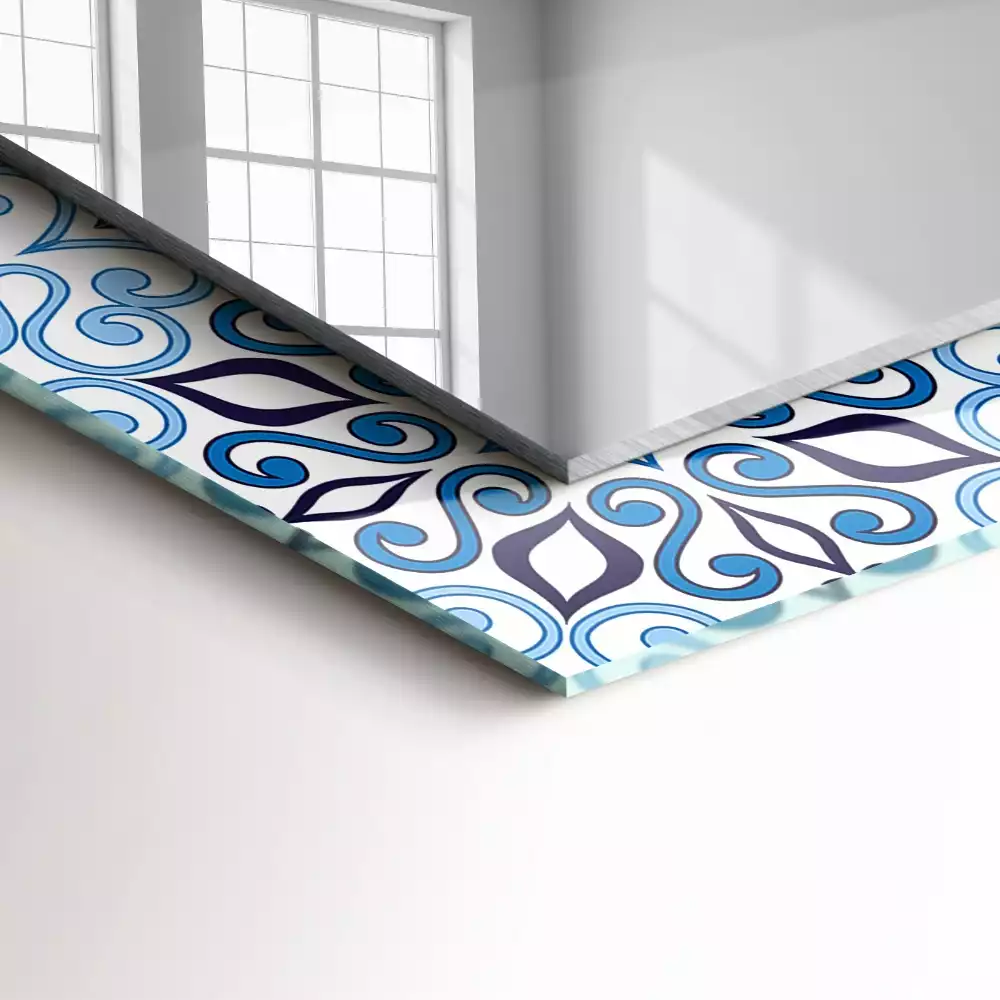 Oglindă dreptunghiulară de perete cu model ornamental albastru