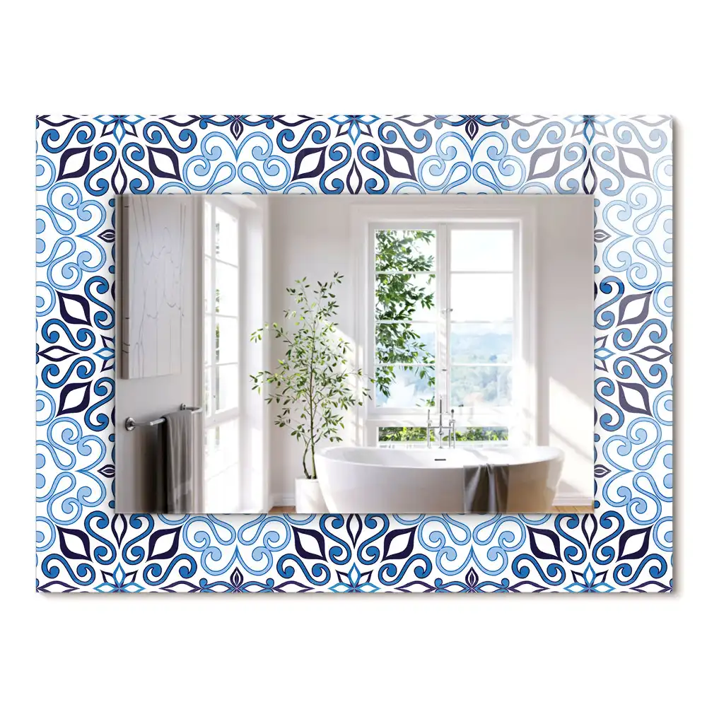 Oglindă dreptunghiulară de perete cu model ornamental albastru