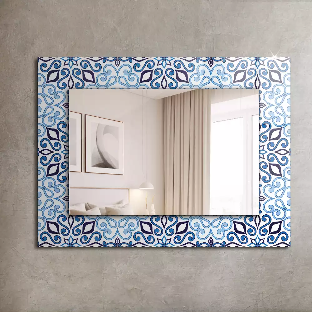 Oglindă dreptunghiulară de perete cu model ornamental albastru