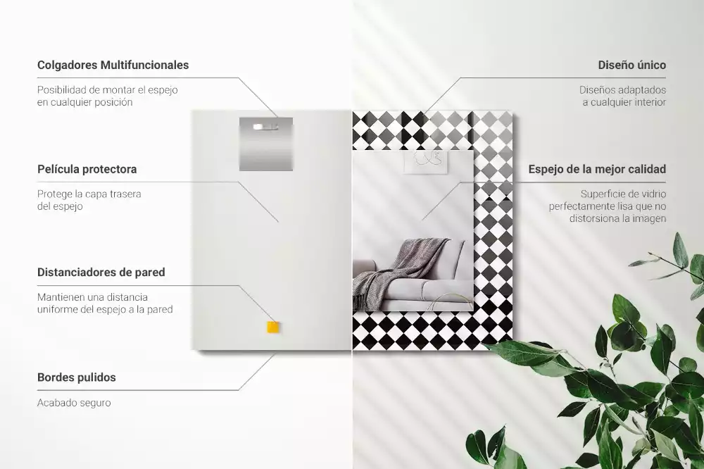 Oglindă dreptunghiulară cu imprimeu tablă de șah alb-negru