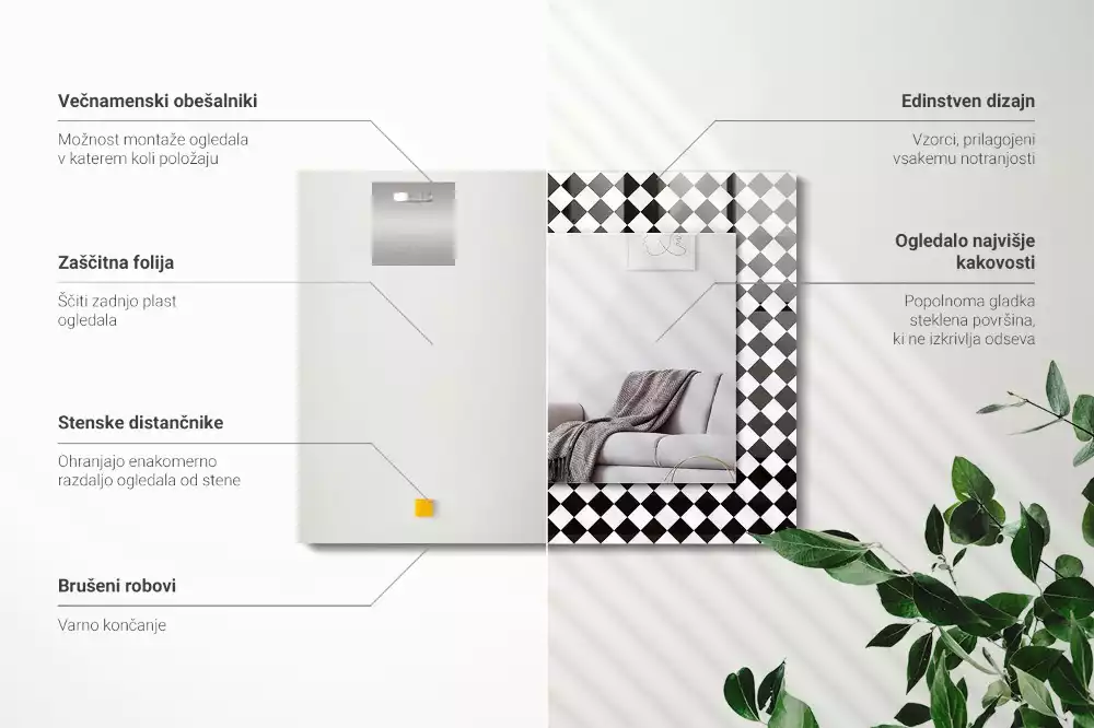 Oglindă dreptunghiulară cu imprimeu tablă de șah alb-negru