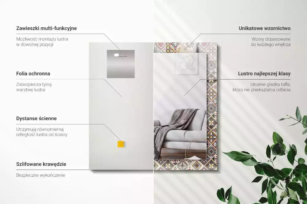 Oglindă dreptunghiulară cu ramă decorată cu imprimeu de plăci colorate