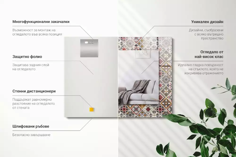 Oglindă dreptunghiulară cu ramă decorată cu imprimeu de plăci colorate