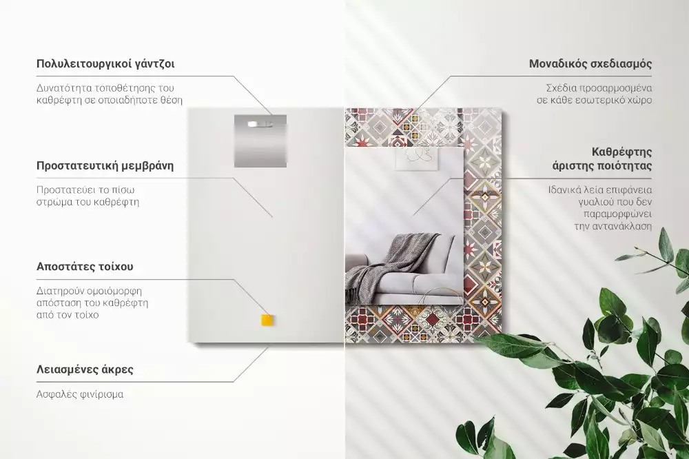 Oglindă dreptunghiulară cu ramă decorată cu imprimeu de plăci colorate