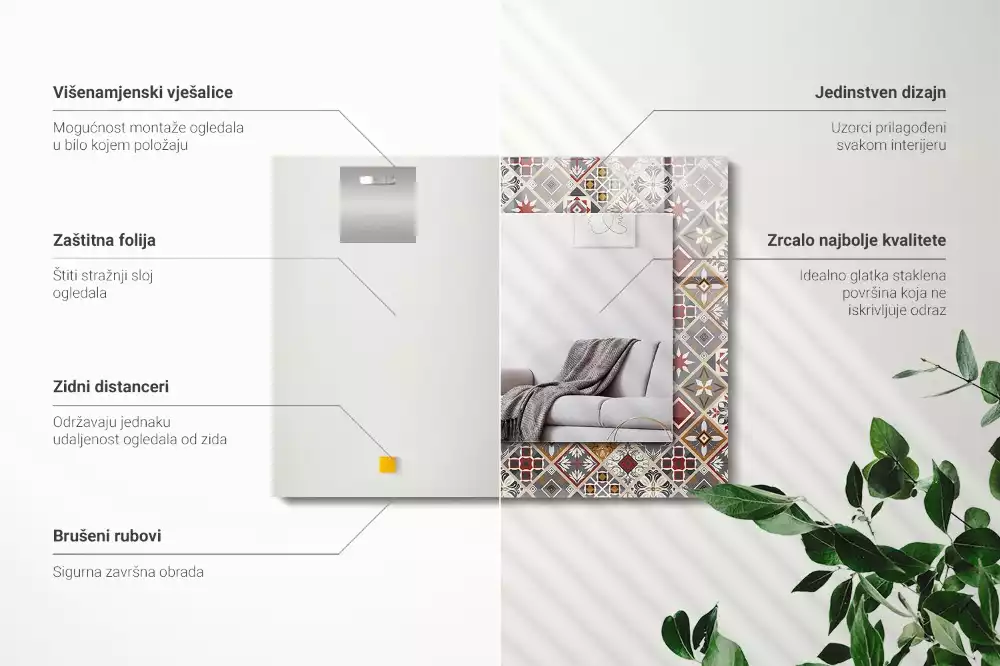Oglindă dreptunghiulară cu ramă decorată cu imprimeu de plăci colorate