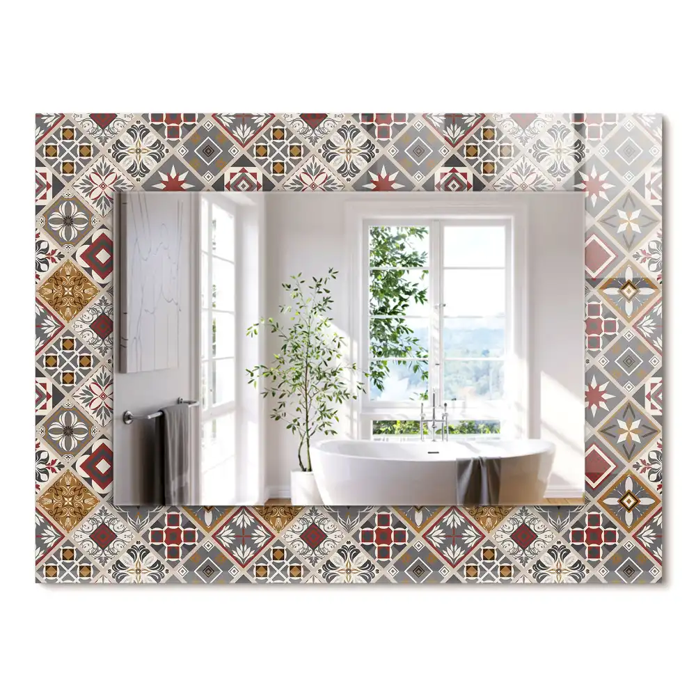 Oglindă dreptunghiulară cu ramă decorată cu imprimeu de plăci colorate