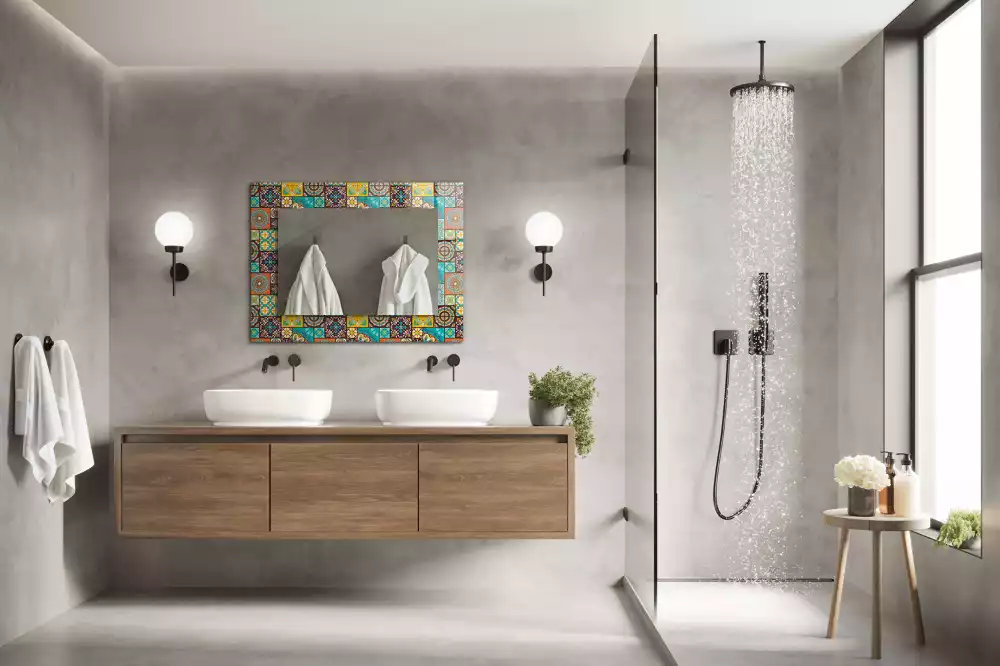 Oglindă dreptunghiulară cu decor din mozaic colorat