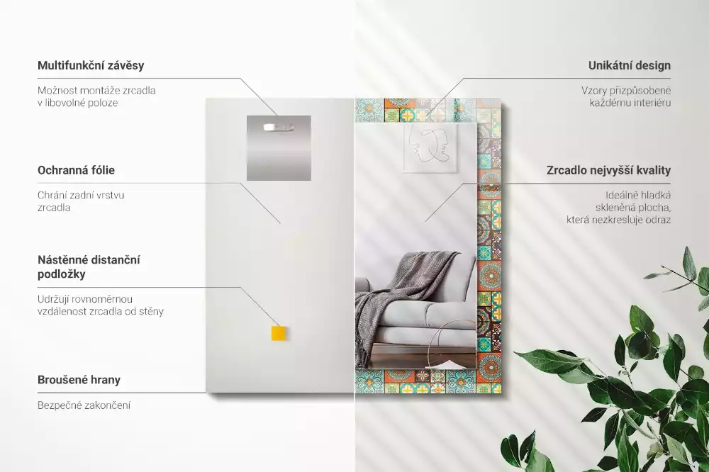 Oglindă dreptunghiulară cu decor din mozaic colorat
