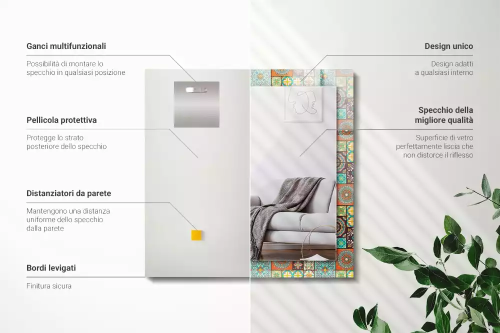 Oglindă dreptunghiulară cu decor din mozaic colorat
