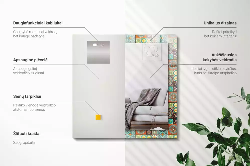 Oglindă dreptunghiulară cu decor din mozaic colorat