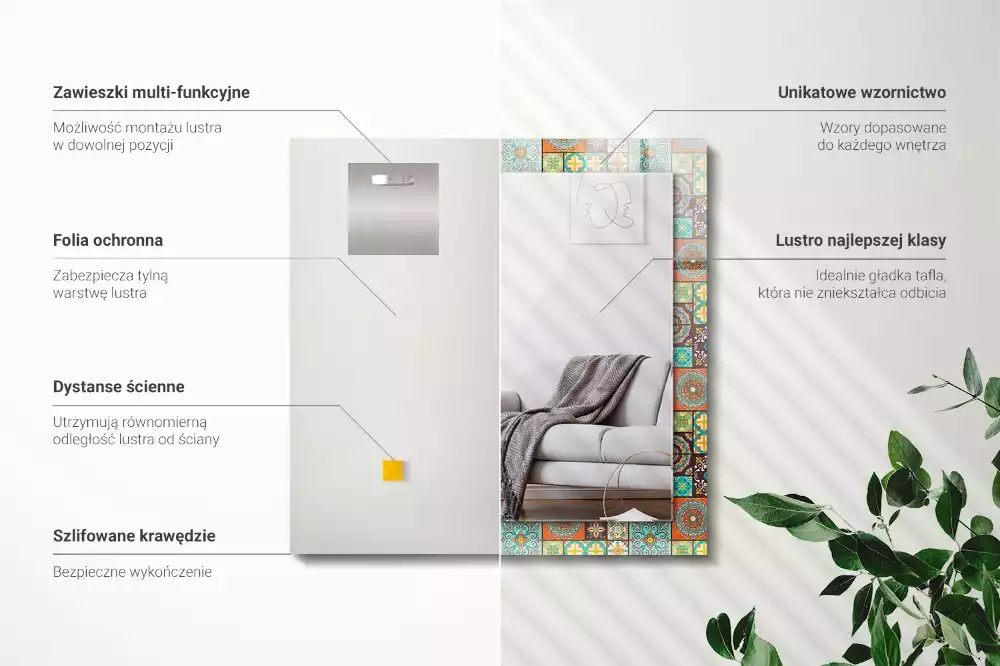 Oglindă dreptunghiulară cu decor din mozaic colorat