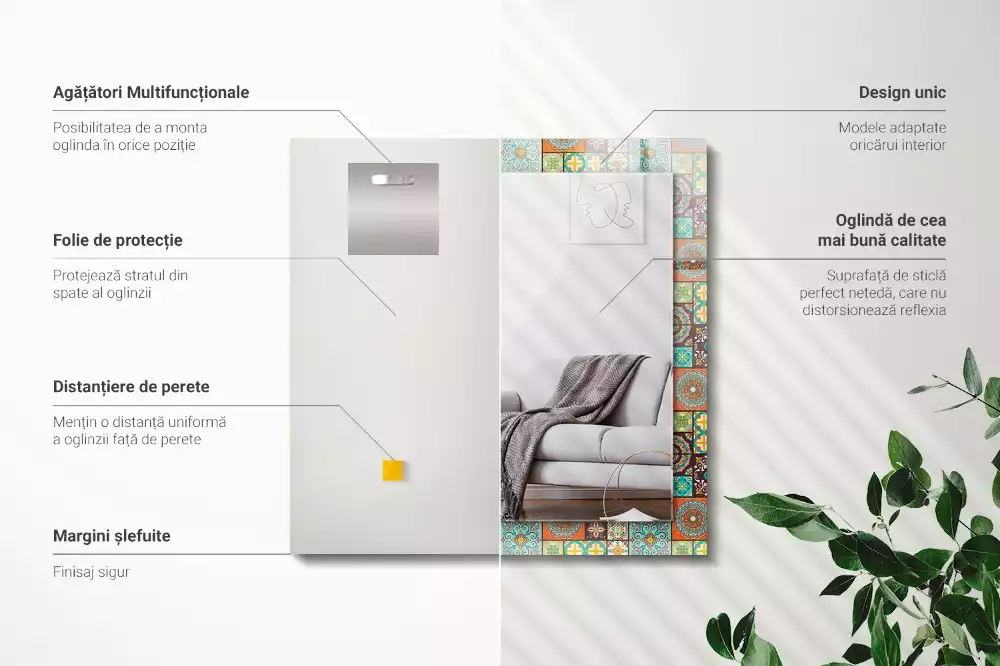 Oglindă dreptunghiulară cu decor din mozaic colorat