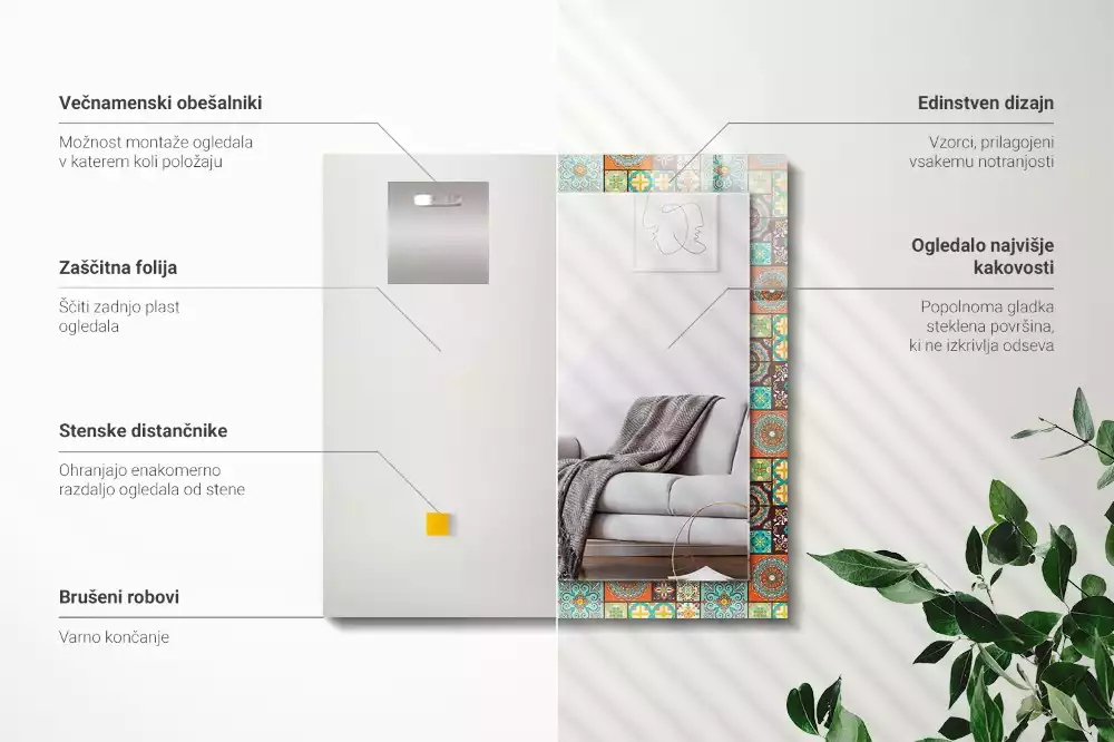 Oglindă dreptunghiulară cu decor din mozaic colorat