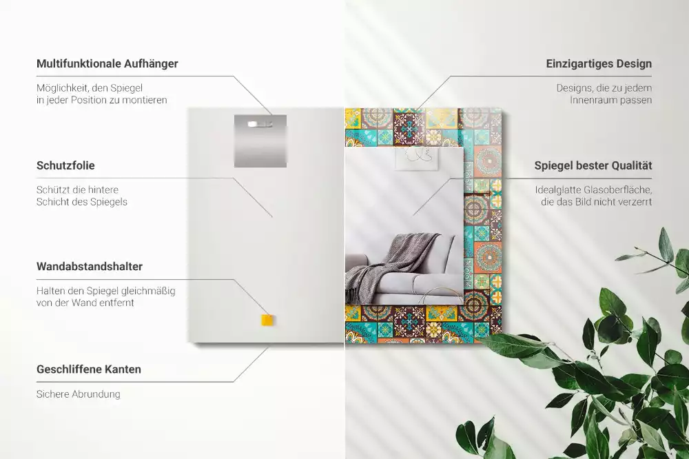 Oglindă dreptunghiulară cu decor din mozaic colorat