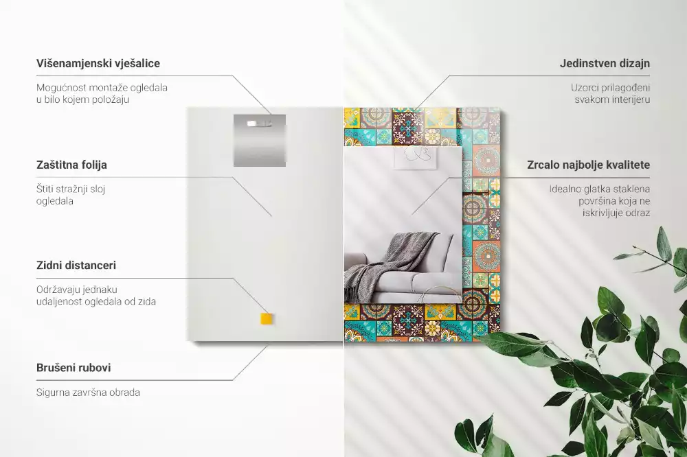 Oglindă dreptunghiulară cu decor din mozaic colorat