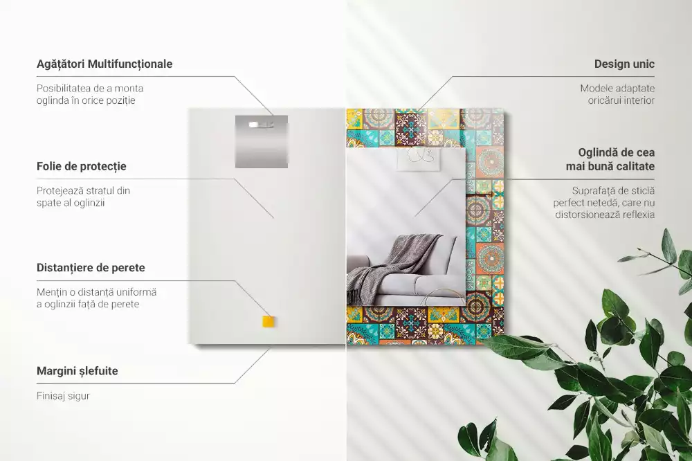 Oglindă dreptunghiulară cu decor din mozaic colorat