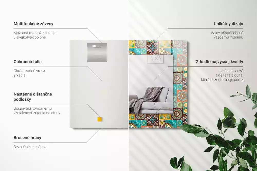 Oglindă dreptunghiulară cu decor din mozaic colorat