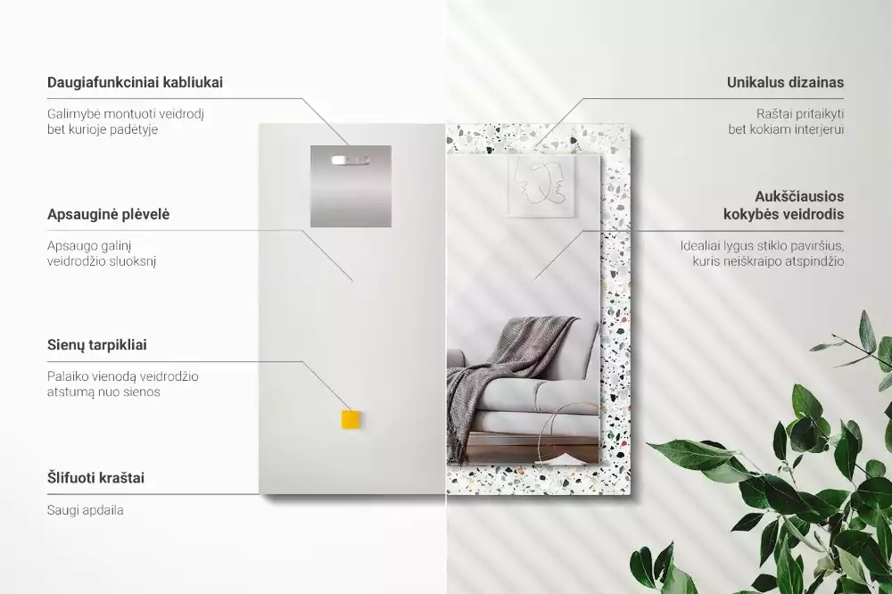 Oglindă dreptunghiulară de perete cu model decorativ din mozaic terrazzo