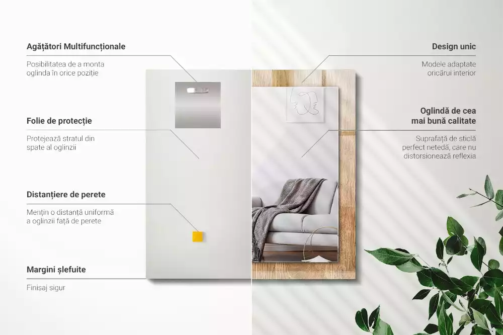 Oglindă dreptunghiulară cu ramă texturată cu imprimeu de lemn