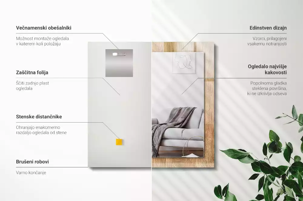 Oglindă dreptunghiulară cu ramă texturată cu imprimeu de lemn