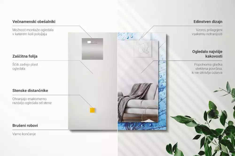 Oglindă decorativă de perete dreptunghiulară cu model picături pe păpădie