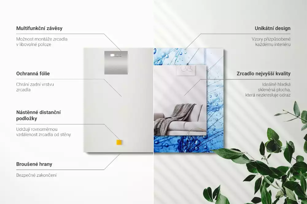 Oglindă decorativă de perete dreptunghiulară cu model picături pe păpădie
