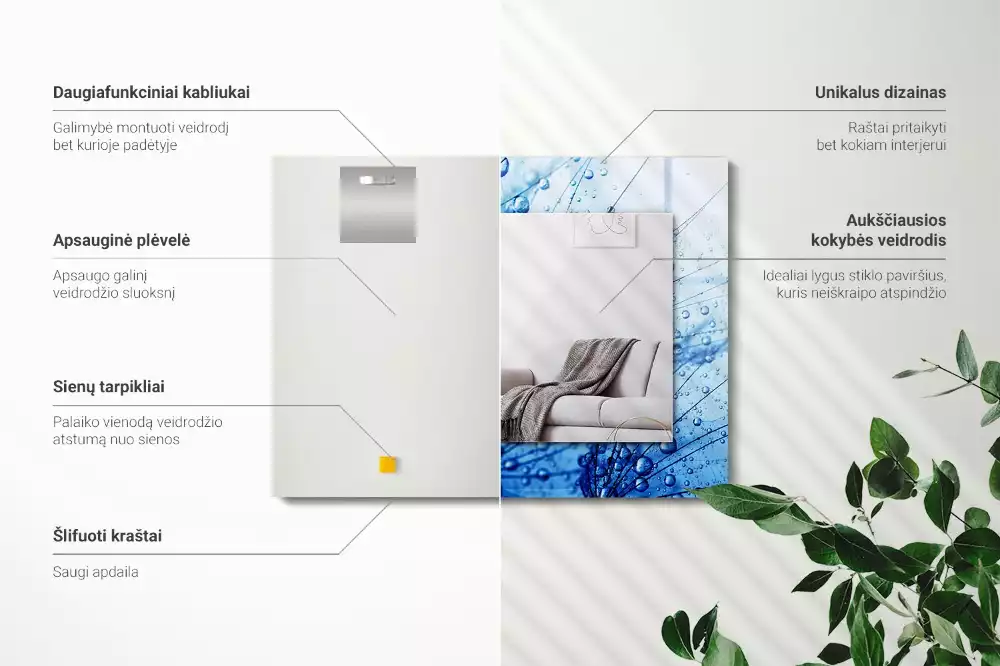 Oglindă decorativă de perete dreptunghiulară cu model picături pe păpădie