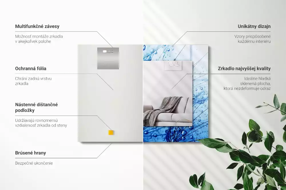 Oglindă decorativă de perete dreptunghiulară cu model picături pe păpădie