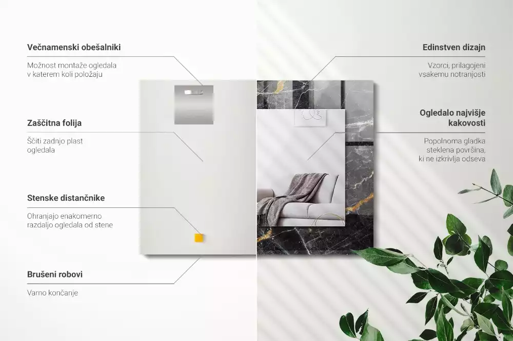 Oglindă dreptunghiulară cu ramă cu imprimeu de marmură neagră