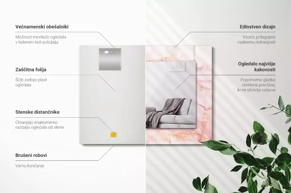 Oglindă dreptunghiulară decorativă cu model de marmură roz