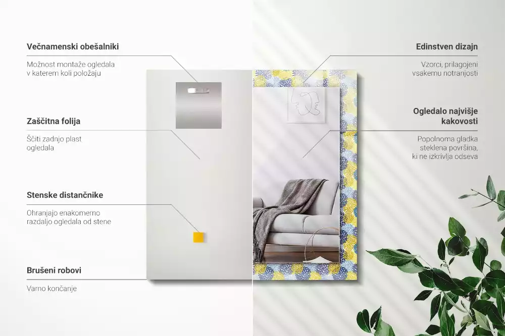 Oglindă decorativă de perete dreptunghiulară cu model floral colorat