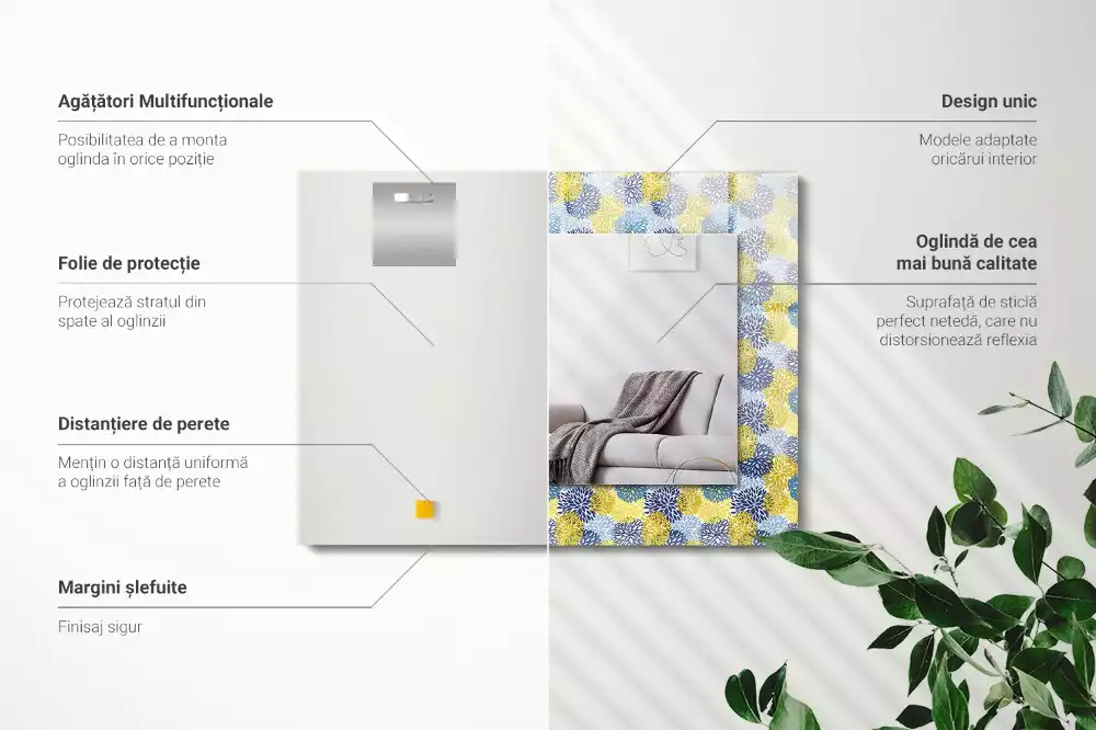 Oglindă decorativă de perete dreptunghiulară cu model floral colorat