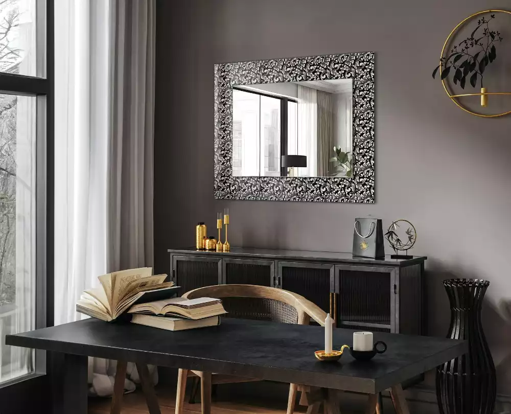 Oglindă dreptunghiulară cu decor alb-negru