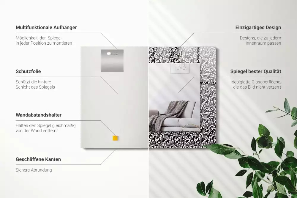 Oglindă dreptunghiulară cu decor alb-negru