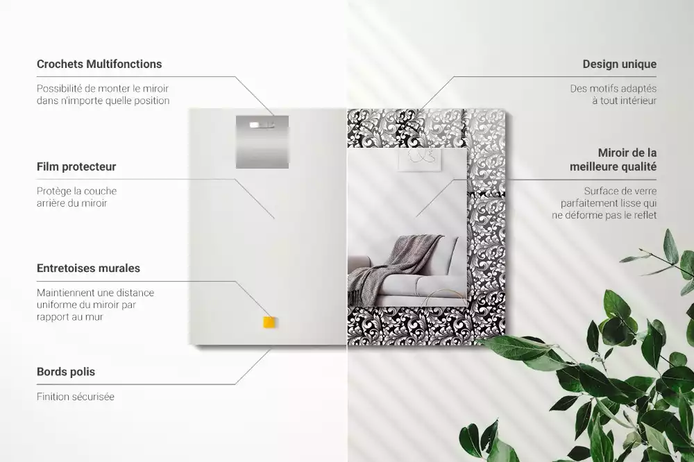 Oglindă dreptunghiulară cu decor alb-negru