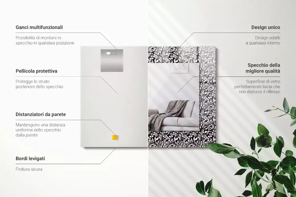 Oglindă dreptunghiulară cu decor alb-negru