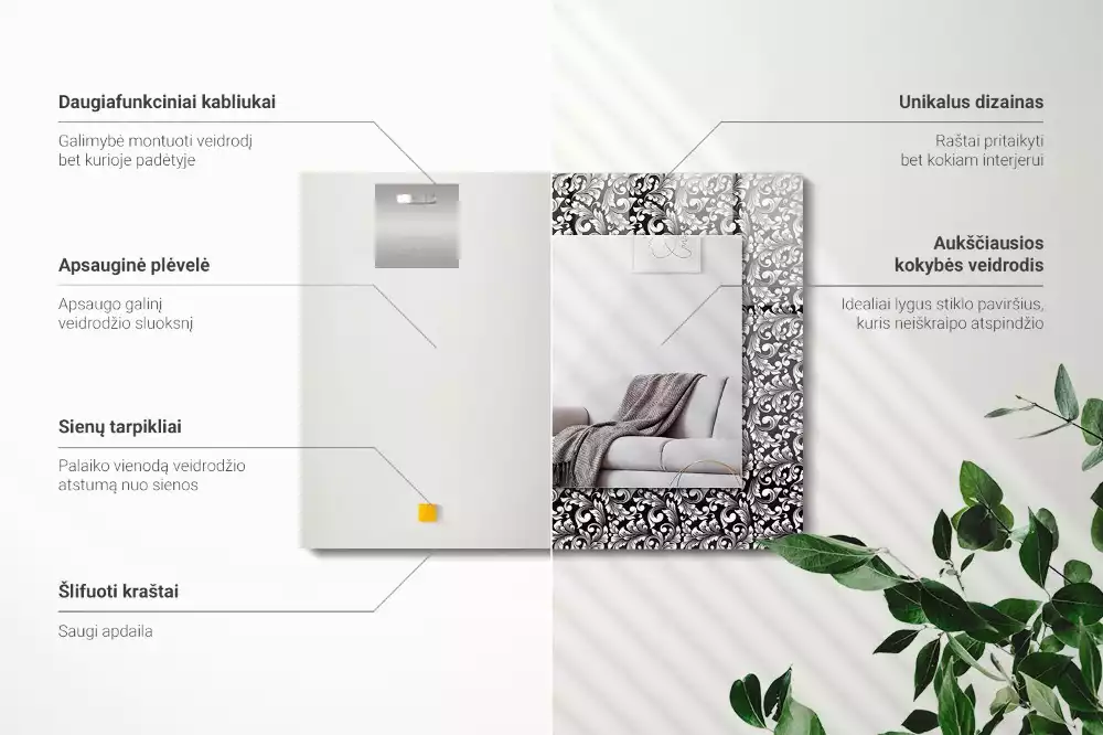 Oglindă dreptunghiulară cu decor alb-negru