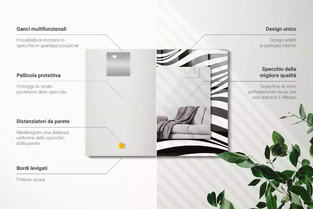 Oglindă dreptunghiulară cu ramă cu imprimeu valuri alb-negru