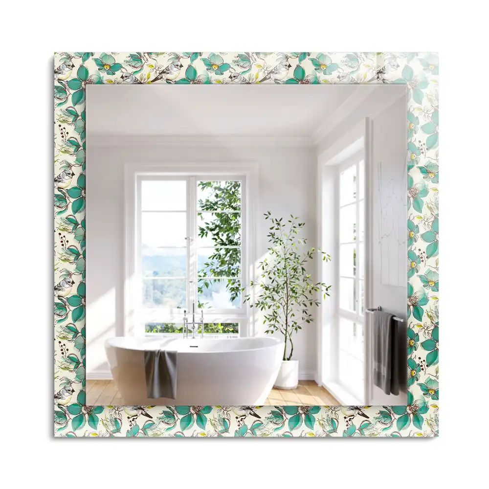 Oglindă dreptunghiulară cu decor cu păsări și flori