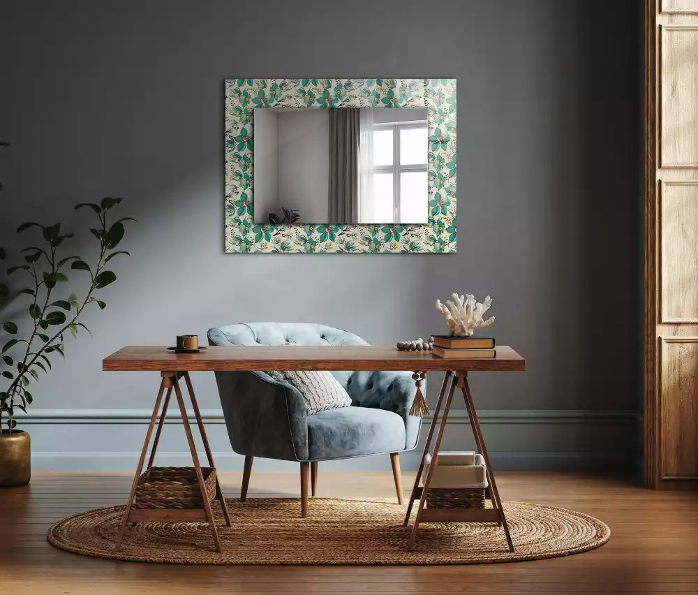 Oglindă dreptunghiulară cu decor cu păsări și flori