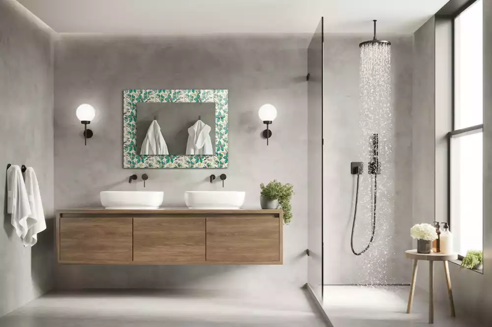 Oglindă dreptunghiulară cu decor cu păsări și flori