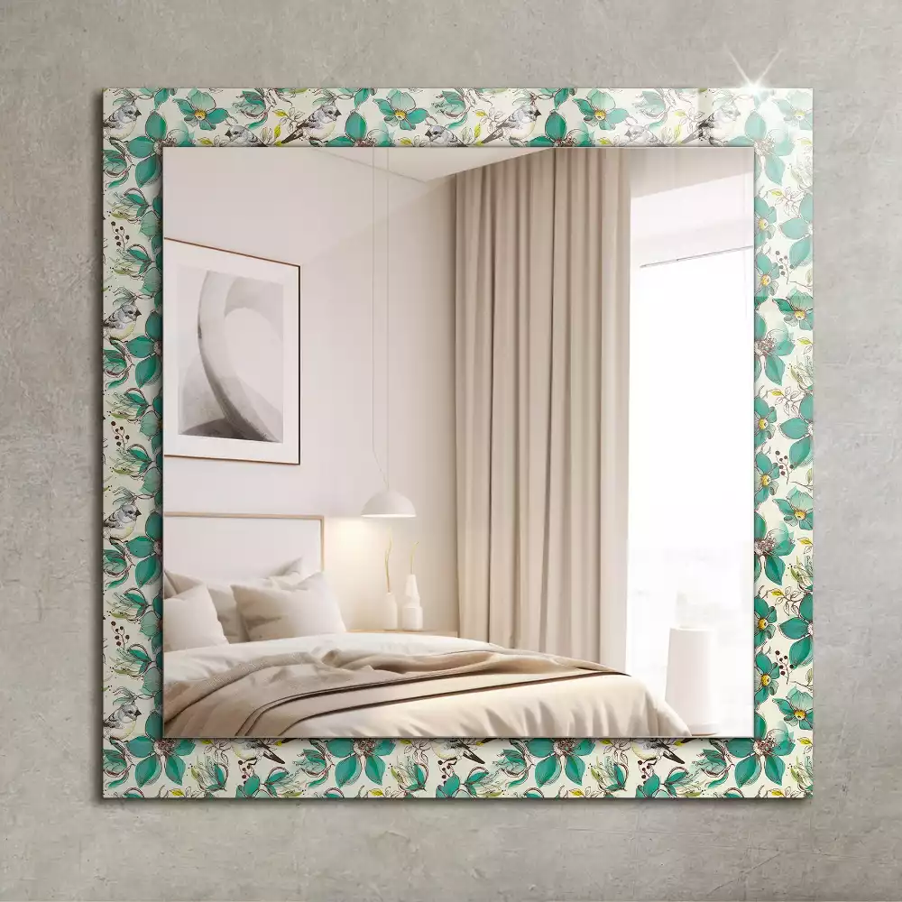 Oglindă dreptunghiulară cu decor cu păsări și flori