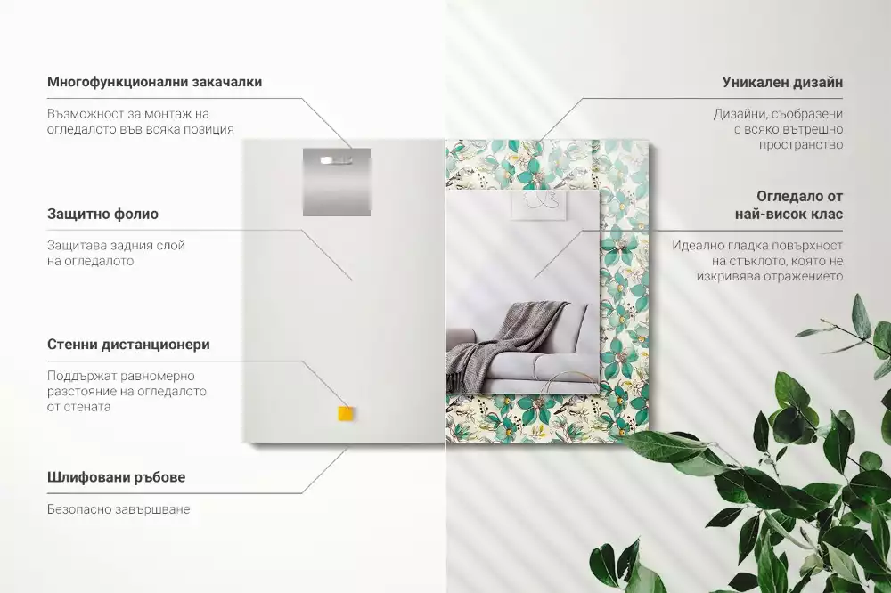 Oglindă dreptunghiulară cu decor cu păsări și flori