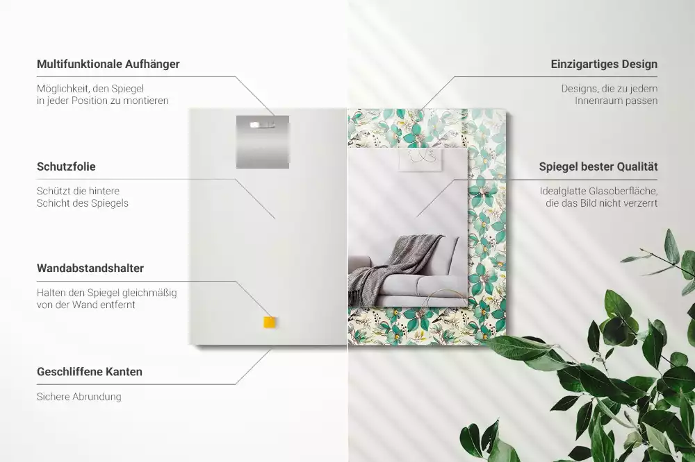 Oglindă dreptunghiulară cu decor cu păsări și flori